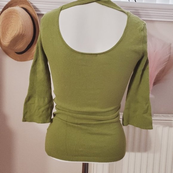 Le Château Bell Sleeve tie neck sash Knit Ribbed Top- Grass Green- XXS - Picture 5 of 16